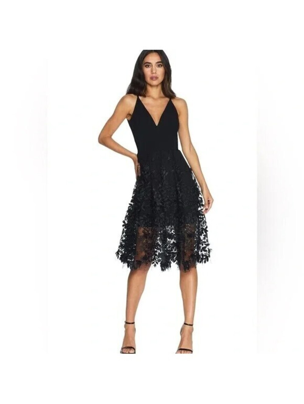 NEW, Dress The Population Darleen Floral Midi Dress Black Size L #MD2465